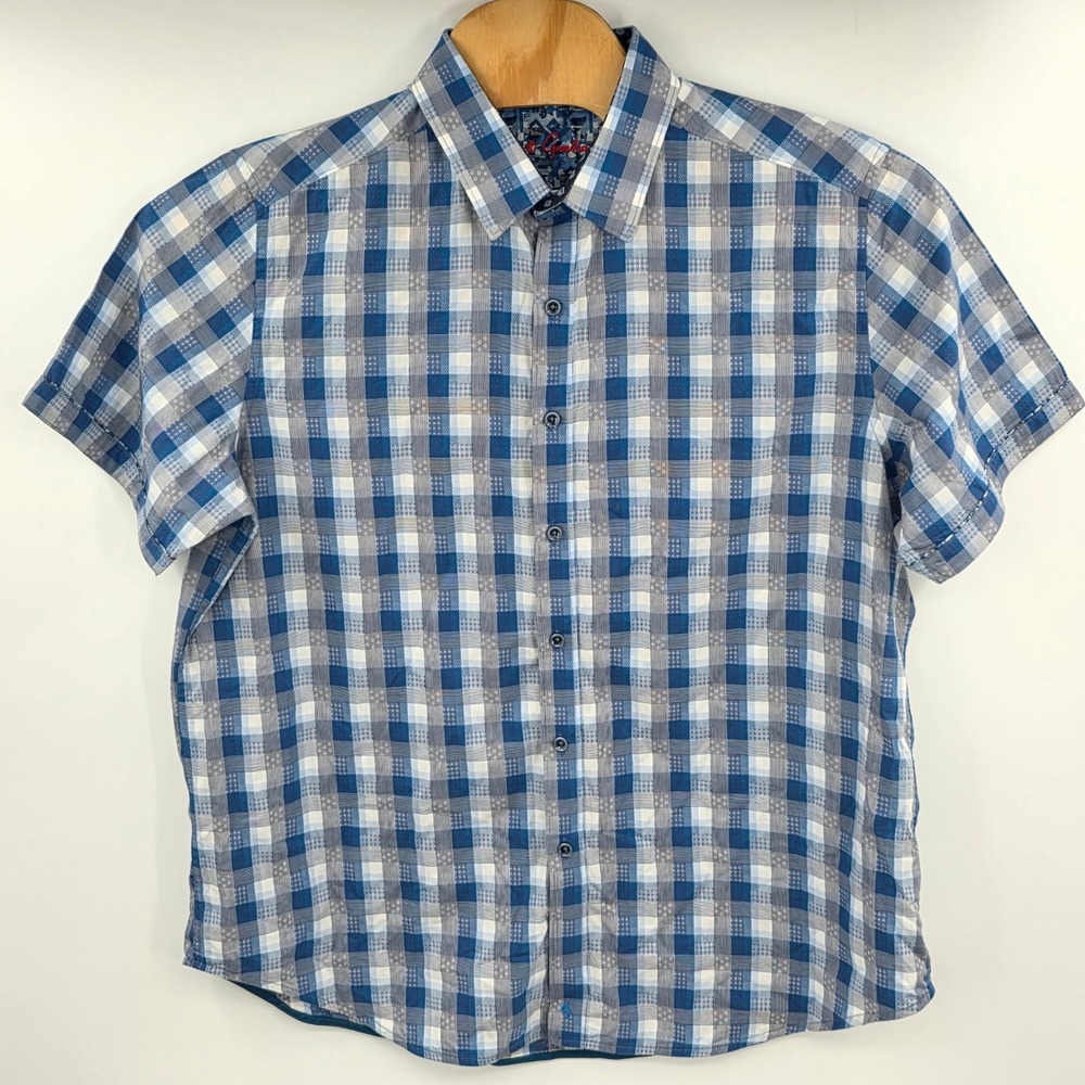 Robert Graham Mens 2XL Classic Fit Blue White Plaid Short Sleeve Button Shirt
